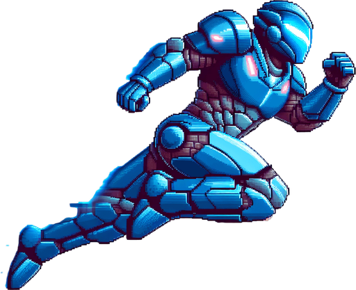 a blue iron man style armor flying horizontally.
Retro gaming style
