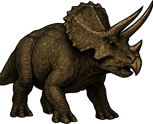 A large Triceratops dinosaur depicted in a neutral standing pose on a transparent background. It has a bulky, muscular body covered in rough, textured scaly skin with shades of dark brown and olive green. Its massive head features a large bony frill with small bumps and three prominent horns—two long ones above the eyes and a shorter one on the nose. The beak-like mouth is slightly open, and the eyes are calm but alert. The thick legs end in hoof-like claws, and the tail is short and heavy. The skin shows detailed scales, folds, and scars, giving it a lifelike, ancient appearance..
In-Game asset.  2d.  High contrast.  No shadows
