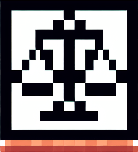 justice logo. 8-bit. cartoon..
Single Game Texture. In-Game asset. 2d. Blank background. High contrast. No shadows.