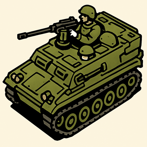 Paletli zırhlı araç araçta taramalı tüfek ve başında asker var üstten bakış.
In-Game asset.  2d.  High contrast.  No shadows