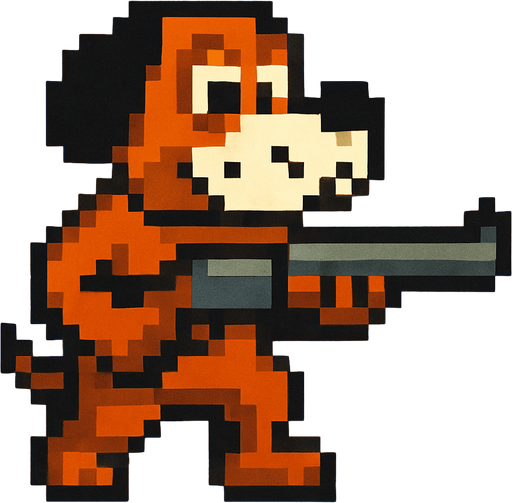 pixart hunting brown dog with black ears and white mouth holding a gun.
In-Game asset.  2d.  High contrast.  No shadows