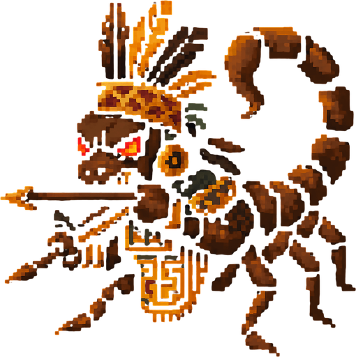 Genérame una Escorpion Colombiano guerrero azteca con eso patrones, estilo pixelar, con una apariencia maligna, ojos rojos, rabioso. Unidad a distancia, con un arco o cerbatana. Animal.
In-Game asset.  2d.  High contrast.  No shadows