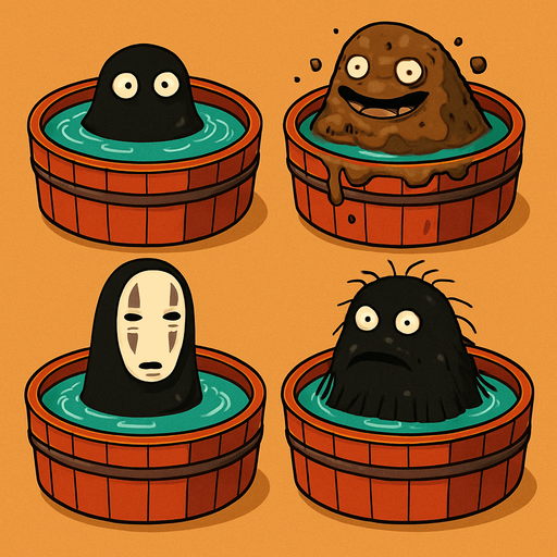Japanese circle bath have different stink spirits from movie "spirited away". each one per bath. HD colors.
In-Game asset.  2d.  High contrast.  No shadows