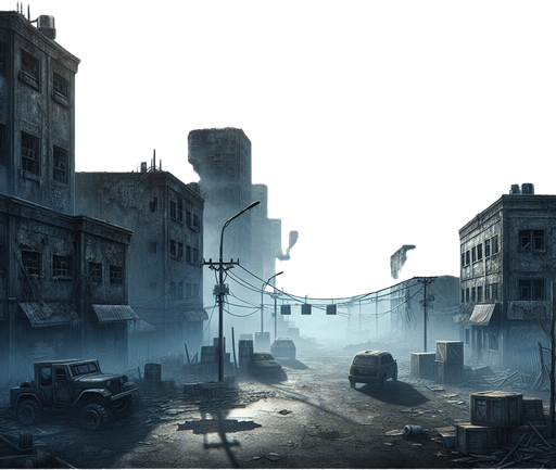 Zombie apocalypse city.
Single Game Texture.  In-Game asset.  2d.  Blank background.  High contrast.  No shadows