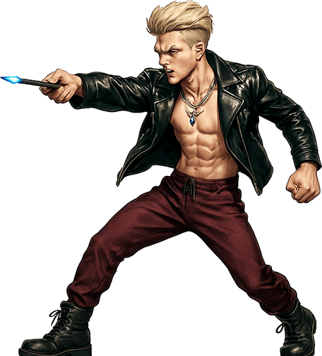 Cyberpunk manga man blonde undercut pompadour shiny black leather biker jacket longsleeves shirtless thin abs pecs necklaces gemstone tipped wand side profile view, action shot wand pointed straight in front arm extended wand casting spell feet planted, standing upright fierce fashion pose animation blonde undercut pompadour, vampire fangs, wine red joggers, combat boots, Background removed, "Full-body character, entirely in frame, no cropping of face, head, or feet" "Complete character visible, from head to toe, fully centered in the image" "Entire character, including face and shoes, fully within the frame" Character fully contained within a square frame, no edges cut off,
