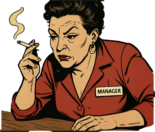 A comic panel styled like a square photo print with a clean white border. Realistic comic art. Scene: Close-up of a middle-aged woman with bold makeup, cigarette in hand, leaning over the bar. Her name tag reads “Manager.” Narrator box at the top reads: “She didn’t ask questions — just handed him the schedule.”.
In-Game asset.  2d.  High contrast.  No shadows