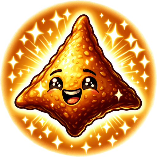 Create a cute and shiny 2D samosa with a golden-brown crispy texture. It should have a smiley face and a slight glow, making it look collectible and delicious. The art style should be cartoonish and exaggerated for a fun game..
Single Game Texture.  In-Game asset.  2d.  Blank background.  High contrast.  No shadows