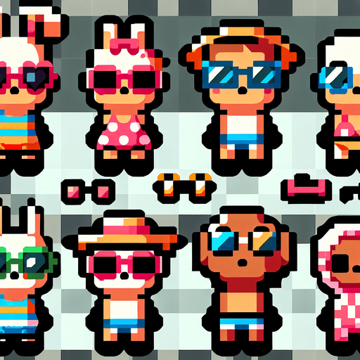 5 cartoon 8 bit beachy characters.
Single Game Texture. In-Game asset. 2d. Blank background. High contrast. No shadows.
