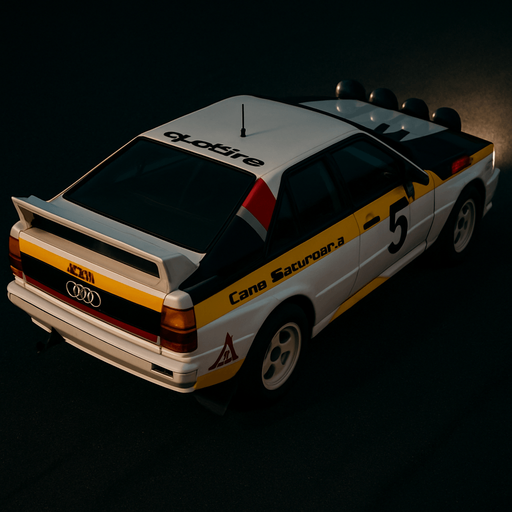 Photorealistic white audi b2 quattro RALLYCAR with YELLOW LIVERY AND red,grey,black stripes livery, drone topview from back in night. Angle should be 45 degrees in the top right corner of the screen.