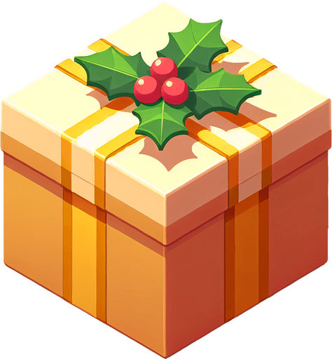 a big light brown and yellow christmas gift decorated with holly leaf. isometric view. no floor. Single Game Texture. In-Game asset. 2d. Blank background. High contrast. No shadows.