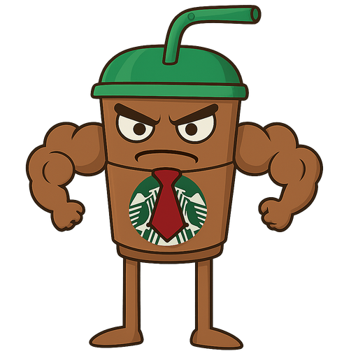 starbucks kahvesi ama kaslı ve kıravartı olan sinirli bir starbucks kahvesi. No background. Transparent background. Blank background. No shadows. 2d. In-Game asset. flat