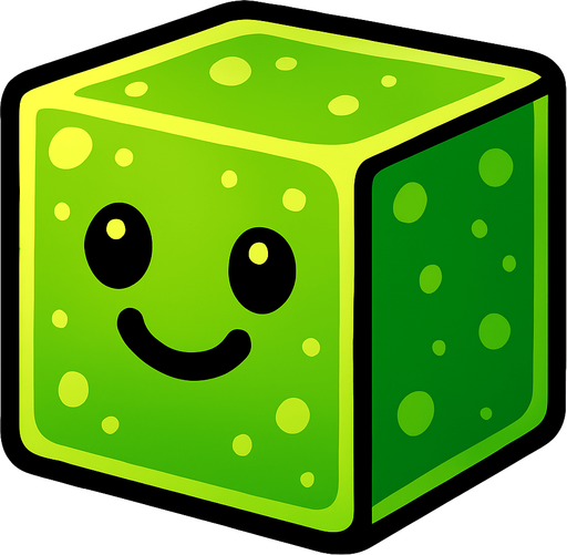 Cubo de slime con cara feliz.
In-Game asset.  2d.  High contrast.  No shadows