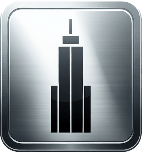 A square metal button with the image of a tower. Single Game Texture. In-Game asset. 2d. Blank background. High contrast. No shadows.