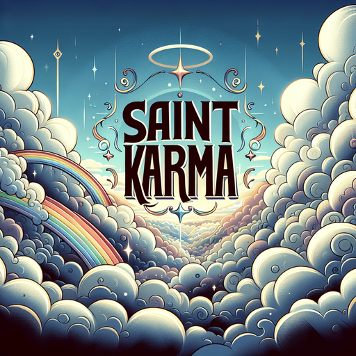 epic landscape intro in the clouds. cartoon 2d style. It has the title: "Saint Karma"
