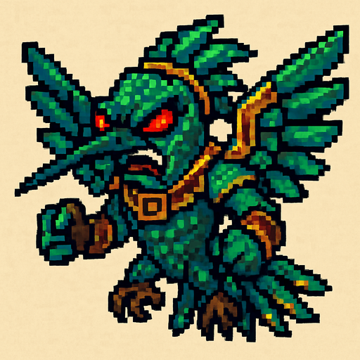 Genérame una olibrí Esmeralda Andina guerrero azteca con eso patrones, estilo pixelar, con una apariencia maligna, ojos rojos, rabioso. Unidad aerea con alas. Animal.
In-Game asset.  2d.  High contrast.  No shadows