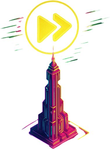Top down isometric neon cyberpunk futuristic massive tower spire 3D fast forward symbol projection over top, agility, rapidness symbol yellows pinks greens vaporwave glowing hologram over top