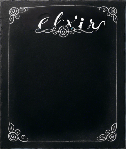 Word "ELIXIR" handwritten in chalk aligned at the top