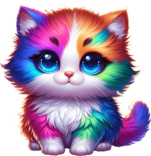 3d cute fluffy colourful kitten big glowing blue eyes.
Single Game Texture. In-Game asset. 2d. Blank background. High contrast. No shadows.
