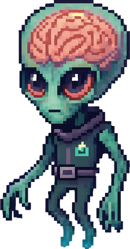 El alien debe ser un personaje de aspecto inteligente y misterioso en estilo pixel art, con una gran cabeza semitransparente que permita ver un cerebro rosado o verdoso expuesto, con textura simple y líneas marcadas que lo hagan reconocible; los ojos deben ser grandes, brillantes y expresivos, de color azul, morado o rojo, transmitiendo inteligencia o curiosidad; su cuerpo debe ser delgado o compacto, con brazos largos o dedos visibles, de color verde, gris o púrpura, con detalles mínimos como placas, símbolos alienígenas o un cinturón tecnológico; puede flotar o tener animación de levitación, con fondo transparente y un estilo que combine lo caricaturesco con lo ligeramente inquietante, perfecto para un juego de ciencia ficción o niveles espaciales..
In-Game asset.  2d.  High contrast.  No shadows