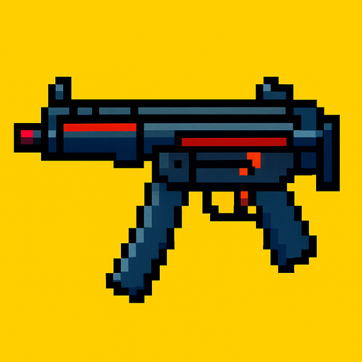 mp5 gun pixel.
In-Game asset.  2d.  High contrast.  No shadows
