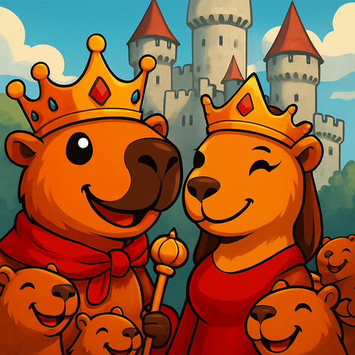 Utilizando este rey. Pon de fondo un castillo. Al rey feliz con su reina. Los capybaras subditos alrededor felices.