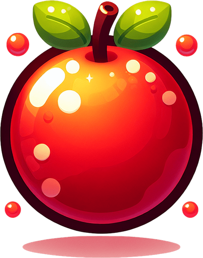 Juicy or glossy ball, like a glowing apple or bouncing berry..
Single Game Texture.  In-Game asset.  2d.  Blank background.  High contrast.  No shadows