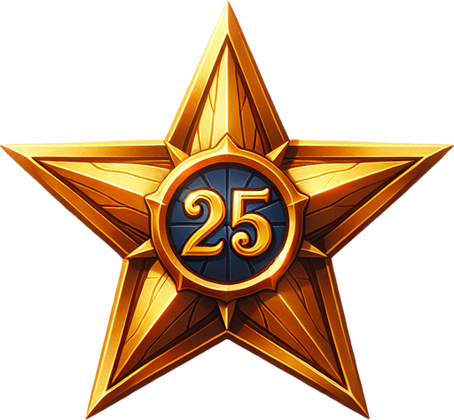 western gold star with 25 written on it.
Single Game Texture. In-Game asset. 2d. Blank background. High contrast. No shadows.
