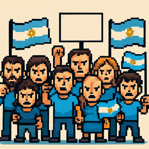 Un grupo de gente manifestando a cuerpo completo mirando al frente enojada con banderas argentinas, todo en pixel art.
In-Game asset.  2d.  High contrast.  No shadows