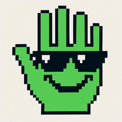 make an 2d green pixel hand palm with sun glasses and smile.
In-Game asset.  2d.  High contrast.  No shadows