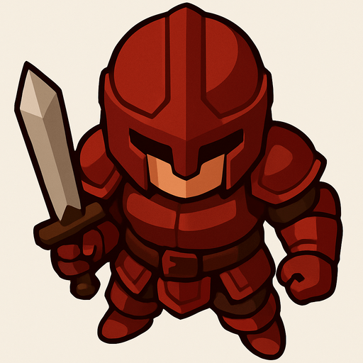 Guerrero vestido de cuero color rojo.
In-Game asset.  2d.  High contrast.  No shadows. Vista superior. Lineless. Chibi