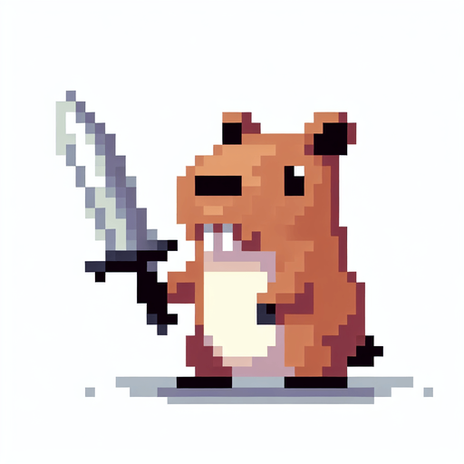 Capibara con una espada y pixelado.
Single Game Texture.  In-Game asset.  2d.  Blank background.  High contrast.  No shadows