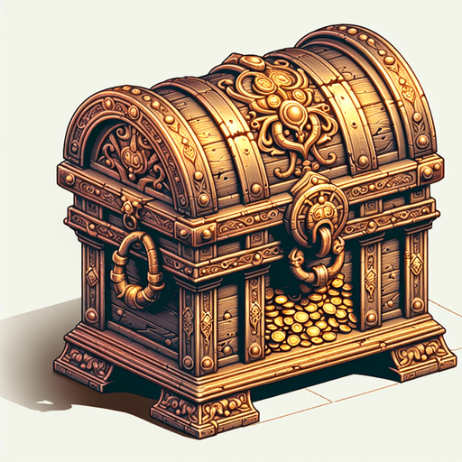 Treasure chest, like kept by the pirates with gold inside.
Single Game Texture. In-Game asset. 2d. Blank background. High contrast. No shadows.