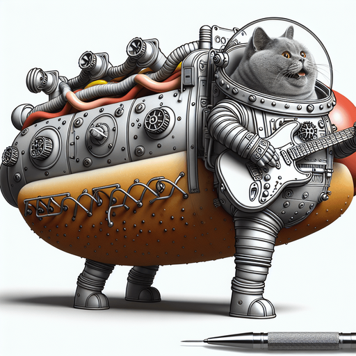 Mechanical hot dog spacecraft piloted by a cheeky, morbidly obese astronaut cat playing a fender stratocaster.
Single Game Texture. In-Game asset. 2d. Blank background. High contrast. No shadows.