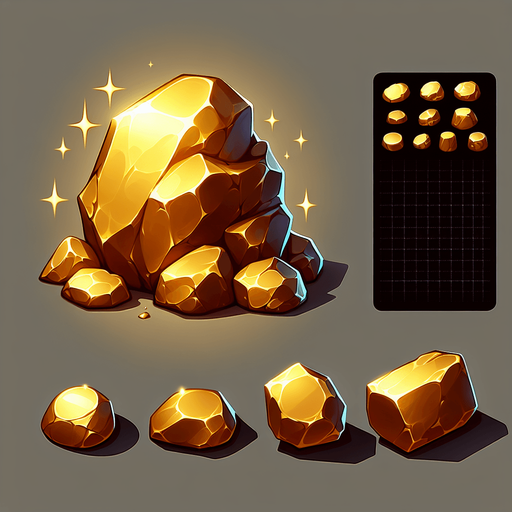 gold rocks.
Single Game Texture. In-Game asset. 2d. Blank background. High contrast. No shadows.