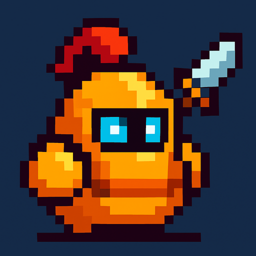 Crea un personaje estilo pixel art, un guerrero simple y fácil de animar. No debe tener manos ni piernas visibles, solo un cuerpo principal con forma redonda u ovalada. El diseño debe sugerir que es un guerrero usando colores llamativos, ojos brillantes o una armadura pixelada pegada al cuerpo. Puede tener una espada flotando al lado o en la espalda como decoración. Debe verse como un personaje de videojuego, pero sin partes que necesiten animación compleja..
In-Game asset.  2d.  High contrast.  No shadows
