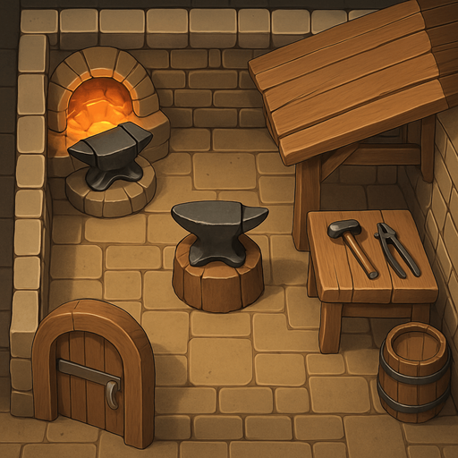 kale olmasın. Top down bir orta çağ demirci evi olsun