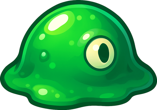 A single, isolated, highly detailed top-down isometric game asset of a Basic Slime. It is a slightly translucent, vibrant green, blue, or purple gelatinous blob, perfectly suited for a static sprite. Its surface should appear wet and glistening, with subtle internal bubbles or a single, simple, unblinking eye embedded within (static, not animated). The slime's most prominent side or an implied 'front' should be clearly oriented towards the right side of the image, indicating its forward movement. Style: Stylized, cartoony fantasy, slightly squishy texture, suitable for a Tower Defense game. Transparent background.
In-Game asset.  2d.  High contrast.  No shadows