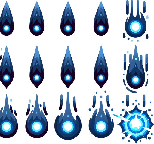 A sprite sheet of energy projectiles. Dark blue projectiles tear shaped with light blue energy core.
Single Game Texture. In-Game asset. 2d. Blank background. High contrast. No shadows.