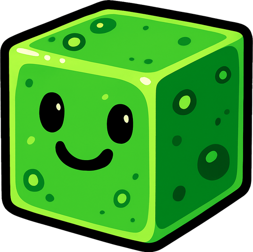 Cubo de slime con cara feliz.
In-Game asset.  2d.  High contrast.  No shadows
