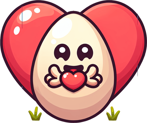 cartoon egg with big heart.
Single Game Texture. In-Game asset. 2d. Blank background. High contrast. No shadows.
