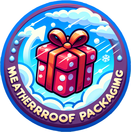 icon of a weatherproof christmas present flying in the sky, on a circle, cartoon. With the text: "weatherproof packaging" Single Game Texture. In-Game asset. 2d. Blank background. High contrast. No shadows.
