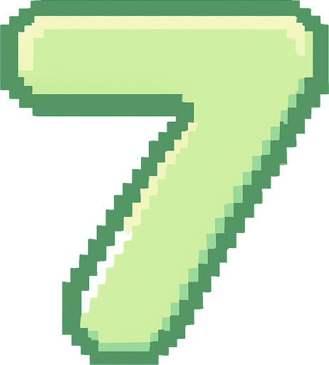 A pixel art number "7" designed for a cozy, cute retro 2D game UI with a bird theme. The number is rendered in soft pastel light green tones to harmonize with the gentle and sweet aesthetic of the game. It has a clean, simple, and rounded pixel style with no harsh edges, fitting perfectly within the pixel art UI style. The number is bold and easily readable at small sizes..
In-Game asset.  2d.  High contrast.  No shadows. pixel art. retro. 2d ui. number. pastel light green. simple. rounded edges. bold. cute. minimal