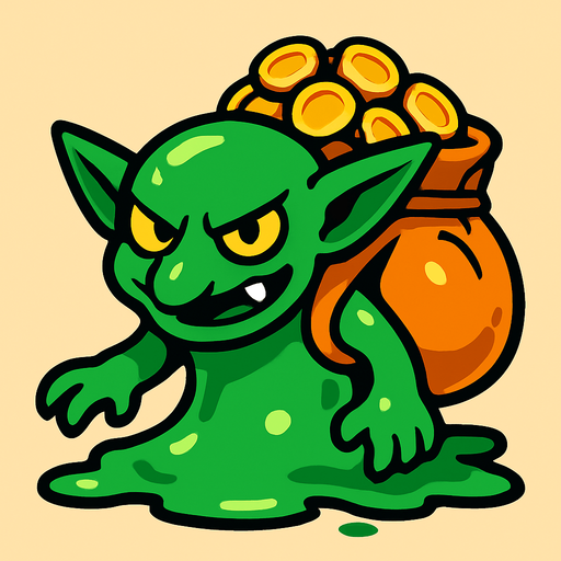 a goblin slime which have backpack fully coins.
In-Game asset.  2d.  High contrast.  No shadows