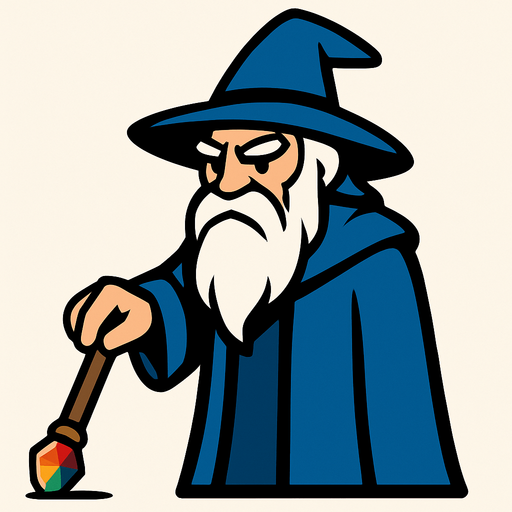 A wizard with a blue dress (like a coat) holding a stick touching the ground and a colored stone on the end of the stick, a wizard with a white beard and a hat on his head, and his whole body and right arm should not be visible from the frame (screen).
In-Game asset.  2d.  High contrast.  No shadows