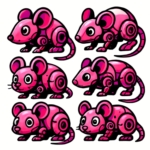 Varios Ratones robot rosa.
In-Game asset.  2d.  High contrast.  No shadows