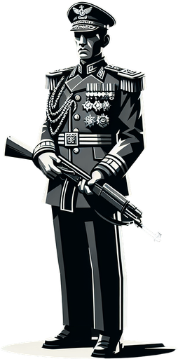 A military general holding a rifle.
Single Game Texture. In-Game asset. 2d. Blank background. High contrast. No shadows.
