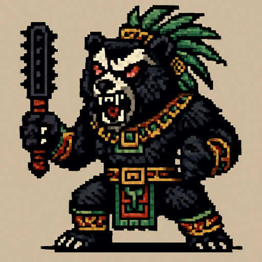 Genérame una Oso de Anteojos guerrero azteca con eso patrones, estilo pixelar, con una apariencia maligna, ojos rojos, rabioso. Unidad cuerpo a cuerpo.
In-Game asset.  2d.  High contrast.  No shadows