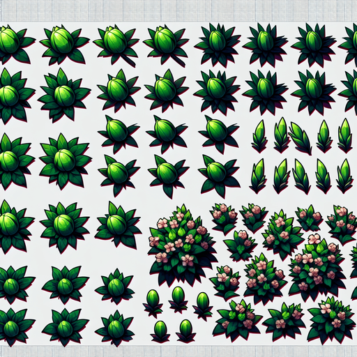 A sprite sheet of flowers with green buds. Overhead view..
Single Game Texture. In-Game asset. 2d. Blank background. High contrast. No shadows.