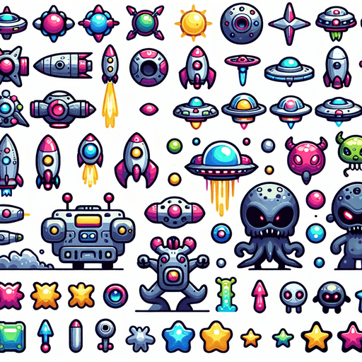 Spritesheet, Including spaceships, UFOs, Boss monster, Space monster...
Studio Ghibli. Mobile game. Colorful. hand drawn. cute, fun. In-Game asset. 2d. Blank background. High contrast. No shadows.