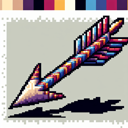 a sharp cartoon-style arrow flying to the right, with colorful string, 2D game asset, minimal shading, pixel-perfect edges, isolated, flat art style.
Single Game Texture.  In-Game asset.  2d.  Blank background.  High contrast.  No shadows